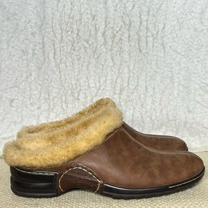 Sofft Women’s Brown Leather Faux Fur Trim SlipOns Mule Clog Casual Shoes Size 9M